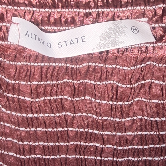 Altar'd State Wine Smocked Blouse Satin Fabric With Ruffle Detail - Picture 3 of 5